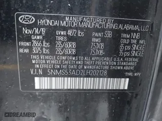 2020 Hyundai Santa Fe Limited with VIN 5NMS53AD2LH202128, listed as a IAAI auction lot 41261017 with 43,600 mi miles. Bid and sale history available at carsss.com. Image 9.