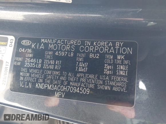 2017 Kia Sportage LX with VIN KNDPM3AC0H7094509, listed as a IAAI auction lot 42013242 with 161,918 mi miles. Bid and sale history available at carsss.com. Image 9.