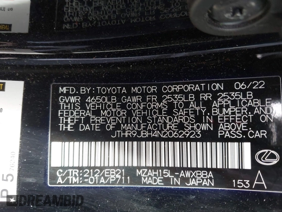 2022 Lexus UX 250h F Sport with VIN JTHR9JBH4N2062923, listed as a IAAI auction lot 42059334 with 27,967 mi miles and . Bid and sale history available at DreamBid. Image 9.