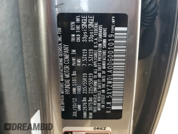 2013 Hyundai Santa Fe Sport z VIN 5XYZWDLA0DG001019, wystawiony jako Copart lot #41671895 z przebiegiem 192 072 mil mil oraz Szkoda całkowita • Salvage title. Historia ofert i sprzedaży dostępna na DreamBid. Obrazek 15.