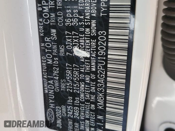 2023 Hyundai Kona SEL with VIN KM8K33AG2PU190203, listed as a Copart auction lot 54922635 with Not Provided miles and Non Repairable. Bid and sale history available at carsss.com. Image 13.