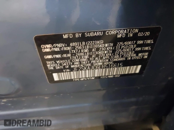 2020 Subaru Forester Premium with VIN JF2SKAJC6LH516615, listed as a IAAI auction lot 41873198 with 33,726 mi miles. Bid and sale history available at carsss.com. Image 9.