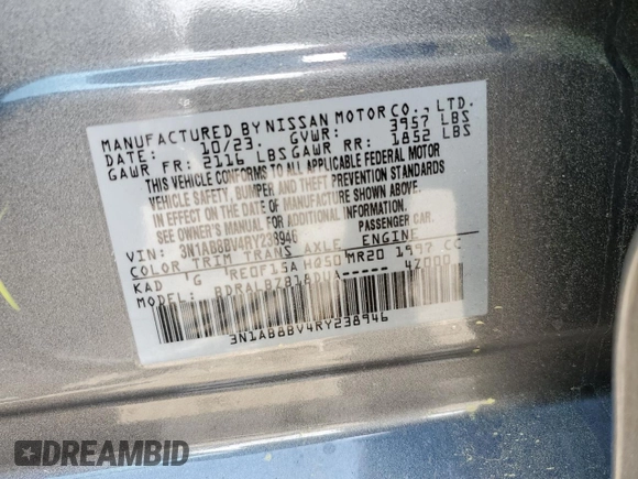 2024 Nissan Sentra S with VIN 3N1AB8BV4RY238946, listed as a Copart auction lot 51731525 with 8,675 mi miles and Salvage Title. Bid and sale history available at DreamBid. Image 13.