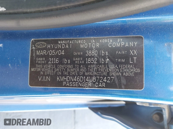 2004 Hyundai Elantra GLS z VIN KMHDN46D14U872427, wystawiony jako IAAI lot #42324636 z przebiegiem 214 234 mil mil oraz . Historia ofert i sprzedaży dostępna na DreamBid. Obrazek 9.