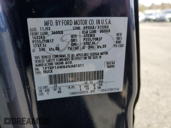 2004 Ford F-150 XL with VIN 1FTRF14W84NA81011, listed as a Copart auction lot 46833595 with 93,782 mi miles and Clean Title. Bid and sale history available at DreamBid. Image 12.