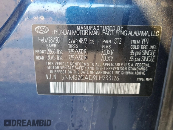 2020 Hyundai Santa Fe SE with VIN 5NMS2CAD9LH233126, listed as a Copart auction lot 70553812 with 13,788 mi miles. Bid and sale history available at carsss.com. Image 12.