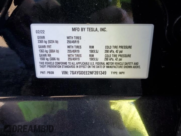 2022 Tesla Model Y Long Range z VIN 7SAYGDEE2NF391349, wystawiony jako Copart lot #85351924 z przebiegiem 5 670 mil mil oraz Szkoda całkowita • Salvage title. Historia ofert i sprzedaży dostępna na DreamBid. Obrazek 14.