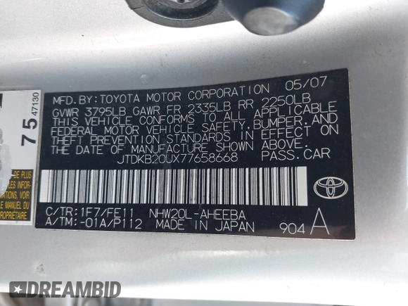 2007 Toyota Prius with VIN JTDKB20UX77658668, listed as a IAAI auction lot 42293558 with 123,007 mi miles and . Bid and sale history available at DreamBid. Image 9.