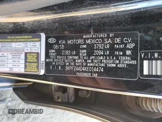 2019 Kia Forte LXS with VIN 3KPF24AD4KE014474, listed as a Copart auction lot 57423384 with 138,767 mi miles and Salvage title. Bid and sale history available at DreamBid. Image 12.