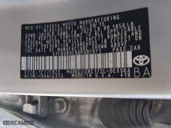 2016 Toyota Corolla L with VIN 5YFBURHE0GP397971, listed as a IAAI auction lot 41813410 with 153,789 mi miles. Bid and sale history available at carsss.com. Image 9.