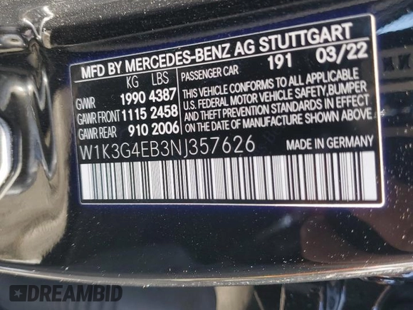 2022 Mercedes-Benz A 220 with VIN W1K3G4EB3NJ357626, listed as a Copart auction lot 42387845 with 32,358 mi miles and Salvage Title. Bid and sale history available at DreamBid. Image 12.