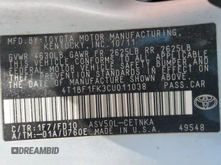 2012 Toyota Camry L with VIN 4T1BF1FK3CU011038, listed as a Copart auction lot 55302105 with 162,904 mi miles and Salvage Title. Bid and sale history available at DreamBid. Image 12.