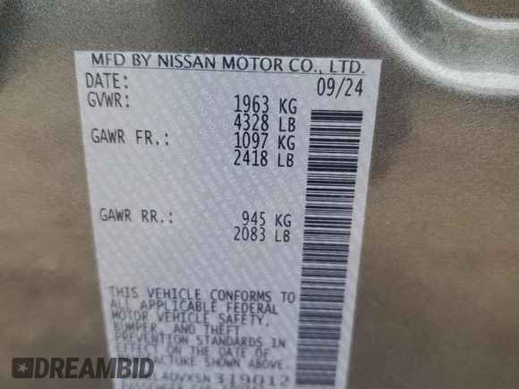 2025 Nissan Altima SV with VIN 1N4BL4DVXSN319012, listed as a Copart auction lot 50271025 with 12,831 mi miles and Clean Title. Bid and sale history available at carsss.com. Image 12.