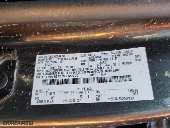 2016 Ford F-150 XLT with VIN 1FTEW1EF1GFD20720, listed as a Copart auction lot 45160935 with 185,825 mi miles and Salvage Title. Bid and sale history available at carsss.com. Image 14.