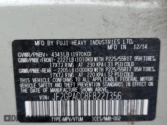 2015 Subaru Crosstrek Premium with VIN JF2GPACC8F8227356, listed as a Copart auction lot 56252965 with 119,144 mi miles and Salvage title. Bid and sale history available at DreamBid. Image 13.
