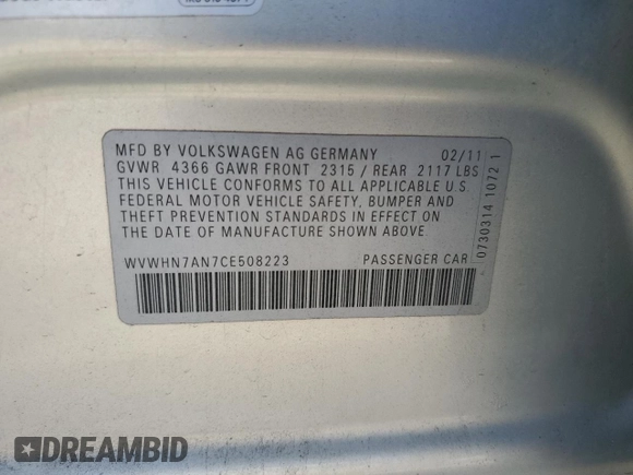 2012 Volkswagen CC Lux Limited Edition with VIN WVWHN7AN7CE508223, listed as a Copart auction lot 56702945 with 121,156 mi miles and Salvage title. Bid and sale history available at DreamBid. Image 12.