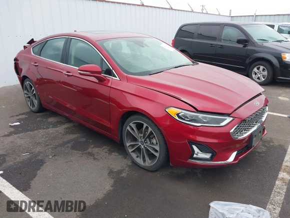 2019 Ford Fusion Titanium with VIN 3FA6P0K98KR179513, listed as a IAAI auction lot 41820059 with 112,155 mi miles. Bid and sale history available at carsss.com. Image 1.