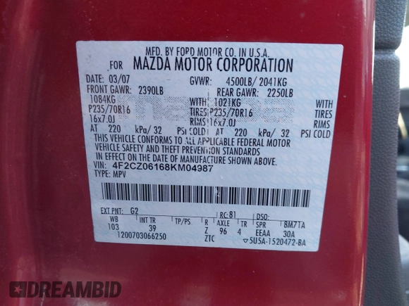 2008 Mazda Tribute ES with VIN 4F2CZ06168KM04987, listed as a IAAI auction lot 41267866 with 177,894 mi miles. Bid and sale history available at carsss.com. Image 9.