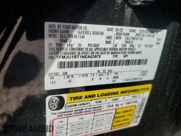 2022 Ford Expedition Timberline with VIN 1FMJU1RT1NEA03975, listed as a Copart auction lot 73291984 with 13,274 mi miles and Salvage title. Bid and sale history available at DreamBid. Image 13.