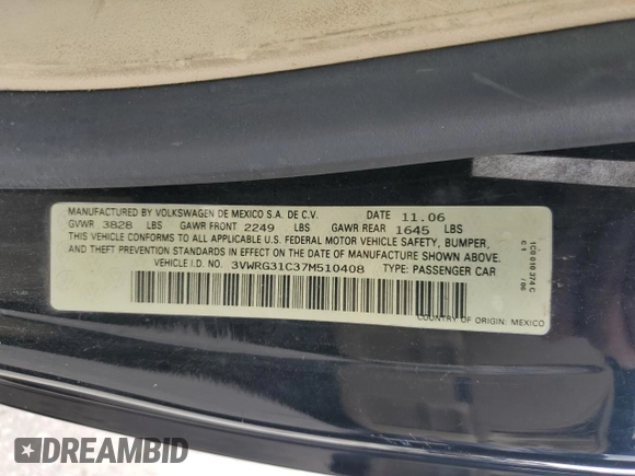 2007 Volkswagen Beetle с VIN 3VWRG31C37M510408, выставлен на аукционе Copart как лот 72388054 с пробегом 131 754 миль миль и Чистый • Clean title. История ставок и продаж доступна на DreamBid. Изображение 12.