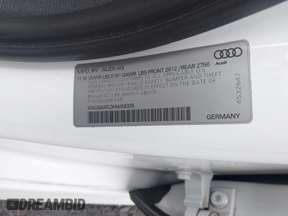 2017 Audi A6 Premium Plus with VIN WAUG8AFC3HN068335, listed as a IAAI auction lot 42639073 with 75,728 mi miles and . Bid and sale history available at DreamBid. Image 9.