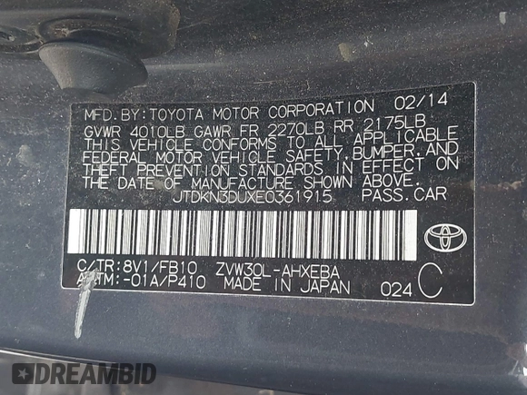 2014 Toyota Prius Four with VIN JTDKN3DUXE0361915, listed as a IAAI auction lot 42785286 with 303,354 mi miles and . Bid and sale history available at DreamBid. Image 9.
