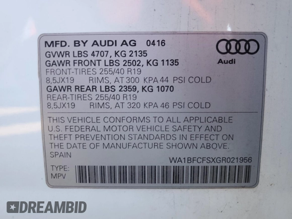 2016 Audi Q3 Premium Plus with VIN WA1BFCFSXGR021956, listed as a Copart auction lot 71396492 with 80,654 mi miles. Bid and sale history available at carsss.com. Image 14.