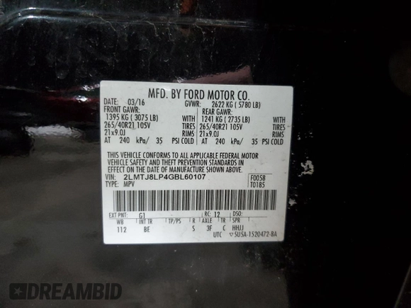 2016 Lincoln MKX Reserve with VIN 2LMTJ8LP4GBL60107, listed as a Copart auction lot 45212125 with 110,834 mi miles and Salvage Title. Bid and sale history available at DreamBid. Image 13.