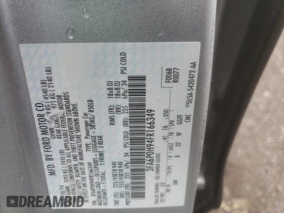 2015 Ford Fusion SE with VIN 3FA6P0H94FR166349, listed as a Copart auction lot 56282604 with 75,034 mi miles and Salvage Title. Bid and sale history available at carsss.com. Image 12.