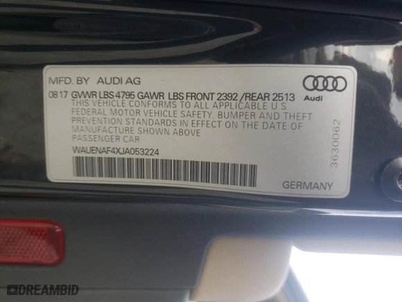 2018 Audi A4 Premium Plus with VIN WAUENAF4XJA053224, listed as a Copart auction lot 43617075 with 62,307 mi miles and Clean Title. Bid and sale history available at carsss.com. Image 14.