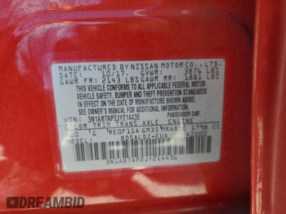 2018 Nissan Sentra S with VIN 3N1AB7AP2JY214436, listed as a Copart auction lot 50789335 with 120,875 mi miles and Salvage Title. Bid and sale history available at DreamBid. Image 13.