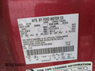 2009 Ford F-150 XL with VIN 1FTPW14V19FA61652, listed as a Copart auction lot 54440595 with 154,589 mi miles and Salvage Title. Bid and sale history available at DreamBid. Image 13.