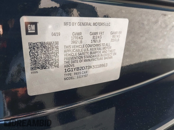 2019 Chevrolet Corvette 1LT with VIN 1G1YB2D73K5118963, listed as a IAAI auction lot 42189315 with 72,708 mi miles and . Bid and sale history available at DreamBid. Image 9.