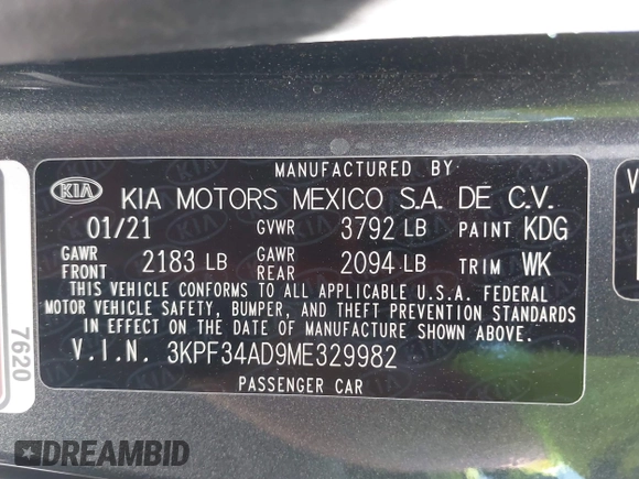2021 Kia Forte GT-Line with VIN 3KPF34AD9ME329982, listed as a IAAI auction lot 41974225 with 65,197 mi miles. Bid and sale history available at carsss.com. Image 9.