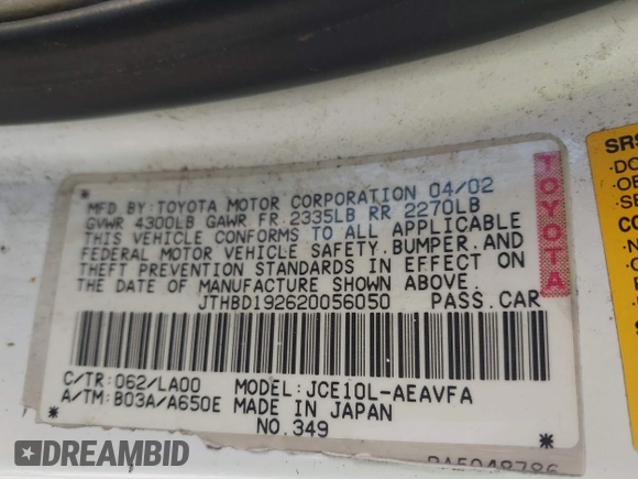 2002 Lexus IS 300/350 with VIN JTHBD192620056050, listed as a IAAI auction lot 41949399 with Not Provided miles and . Bid and sale history available at DreamBid. Image 9.