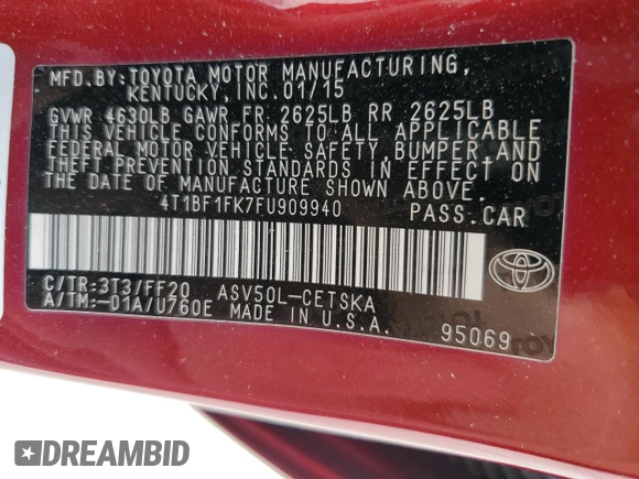 2015 Toyota Camry XLE z VIN 4T1BF1FK7FU909940, wystawiony jako Copart lot #58367065 z przebiegiem 155 908 mil mil oraz Szkoda całkowita • Salvage title. Historia ofert i sprzedaży dostępna na DreamBid. Obrazek 12.