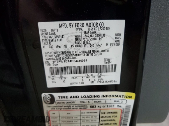 2013 Ford F-150 XL with VIN 1FTFW1ET4DKD34964, listed as a Copart auction lot 51629765 with 170,089 mi miles and Clean Title. Bid and sale history available at carsss.com. Image 12.
