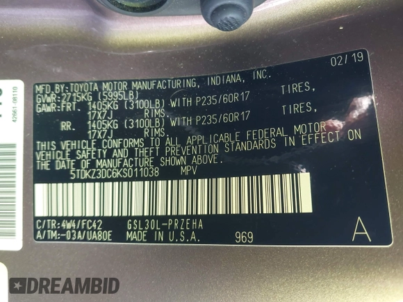 2019 Toyota Sienna LE Auto Access Seat with VIN 5TDKZ3DC6KS011038, listed as a IAAI auction lot 40988399 with 107,175 mi miles and . Bid and sale history available at DreamBid. Image 9.