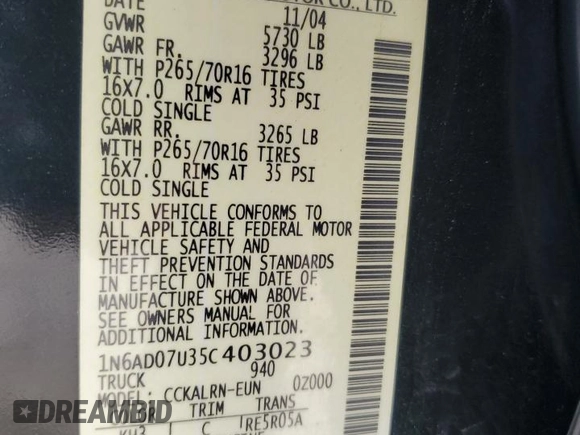 2005 Nissan Frontier LE z VIN 1N6AD07U35C403023, wystawiony jako Copart lot #56996124 z przebiegiem 275 549 mil mil oraz Nie do naprawy • Non repairable. Historia ofert i sprzedaży dostępna na DreamBid. Obrazek 12.