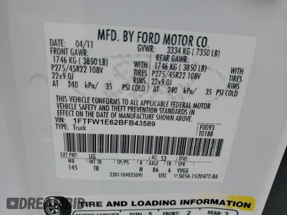 2011 Ford F-150 Lariat with VIN 1FTFW1E62BFB43589, listed as a Copart auction lot 47237045 with 93,947 mi miles and Salvage Title. Bid and sale history available at carsss.com. Image 14.