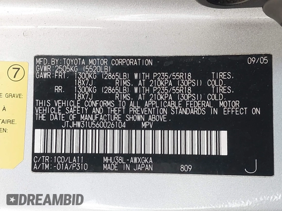 2006 Lexus RX 400h with VIN JTJHW31U560026104, listed as a IAAI auction lot 41311951 with 246,861 mi miles and . Bid and sale history available at DreamBid. Image 9.