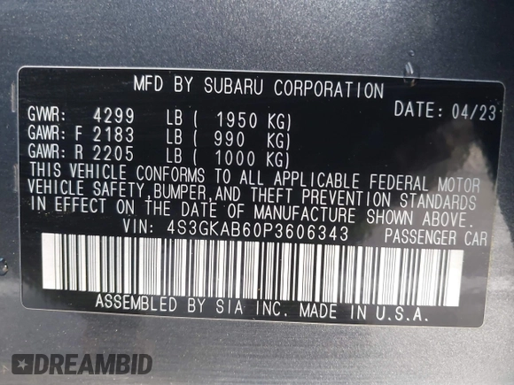 2023 Subaru Impreza with VIN 4S3GKAB60P3606343, listed as a IAAI auction lot 41366898 with 44,812 mi miles and . Bid and sale history available at DreamBid. Image 9.