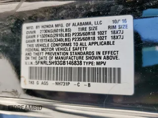 2016 Honda Odyssey Touring Elite with VIN 5FNRL5H93GB146838, listed as a Copart auction lot 54314345 with 171,479 mi miles and Salvage Title. Bid and sale history available at carsss.com. Image 14.