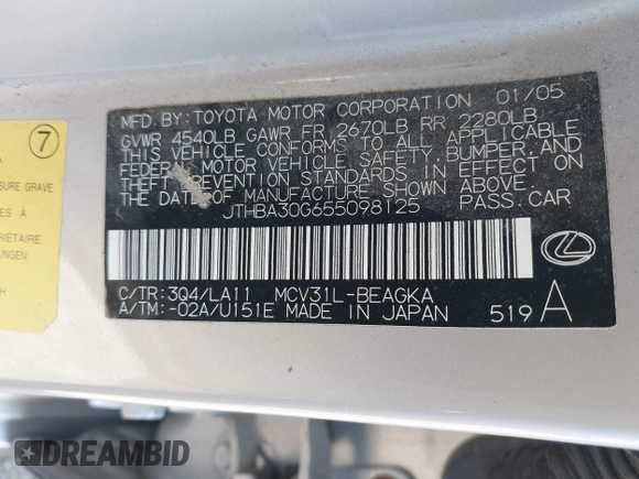 2005 Lexus ES 350 with VIN JTHBA30G655098125, listed as a IAAI auction lot 41804407 with 135,696 mi miles and . Bid and sale history available at DreamBid. Image 9.