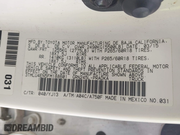 2015 Toyota Tacoma with VIN 3TMLU4EN5FM188601, listed as a IAAI auction lot 41883555 with 143,904 mi miles and . Bid and sale history available at DreamBid. Image 9.