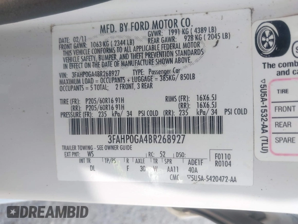 2011 Ford Fusion S with VIN 3FAHP0GA4BR268927, listed as a IAAI auction lot 41772569 with 305,339 mi miles. Bid and sale history available at carsss.com. Image 9.