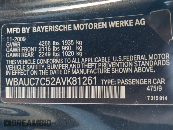 2010 BMW 1 Series 135i with VIN WBAUC7C52AVK81261, listed as a IAAI auction lot 41344077 with 110,745 mi miles and . Bid and sale history available at carsss.com. Image 9.
