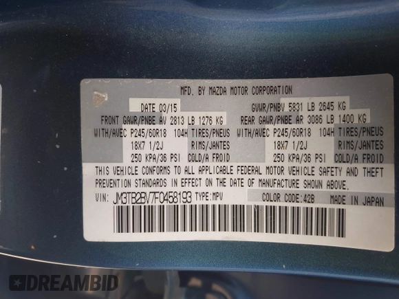 2015 Mazda CX-9 Sport with VIN JM3TB2BV7F0458193, listed as a IAAI auction lot 41886385 with 154,677 mi miles and . Bid and sale history available at carsss.com. Image 9.