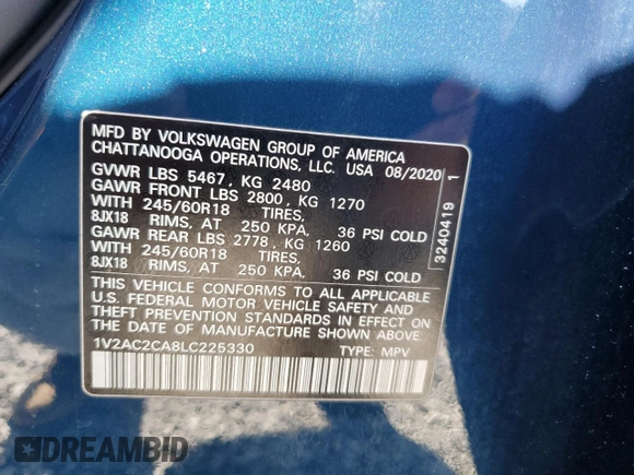 2020 Volkswagen Atlas S with VIN 1V2AC2CA8LC225330, listed as a Copart auction lot 42373235 with 100,470 mi miles and Clean title. Bid and sale history available at DreamBid. Image 13.