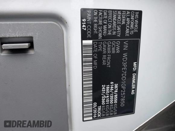 2016 Mercedes-Benz Sprinter with VIN WD3PE7DD1GP257850, listed as a IAAI auction lot 41587919 with 122,306 mi miles and . Bid and sale history available at carsss.com. Image 9.